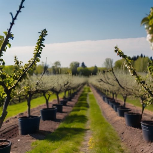 Сад яблонь после цветения с молодыми яблоками и распылителем защитного раствора на фоне ясного неба.