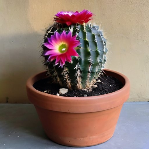 Цветущий кактус Эхинопсис в терракотовом горшке с солнечным светом, землёй и инструментами для ухода.