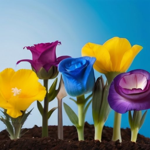 Яркий сад с цветущими эустомами, садовыми инструментами и солнечным небом.