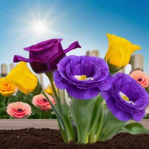 Цветущий сад с эустомами разных цветов, зелеными растениями и инструментами для садоводства.