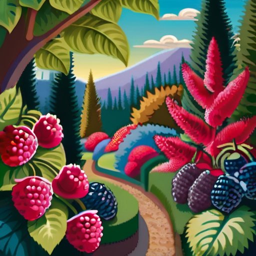 Солнечный сад с гибридными малиново-ежевичными растениями, яркими цветами и спелыми ягодами.