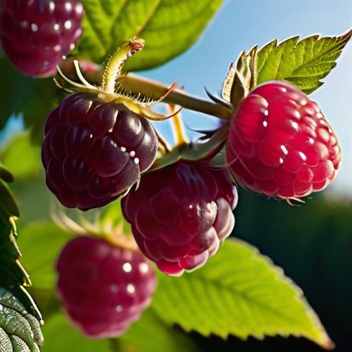 Гибридный куст малины и черники с яркими ягодами на фоне ухоженного сада.