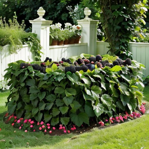 Пышный сад с кустами ежевики, спелыми и незрелыми ягодами на фоне голубого неба.