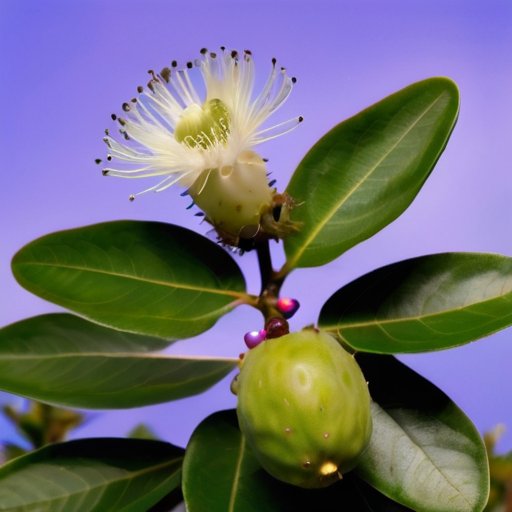 Пышное растение фейхоа в саду с зелеными листьями, белыми цветами и развивающимися плодами на фоне солнечного неба.