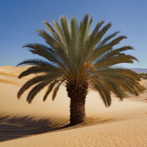 Финиковая пальма с золотыми плодами на фоне солнечной пустыни.