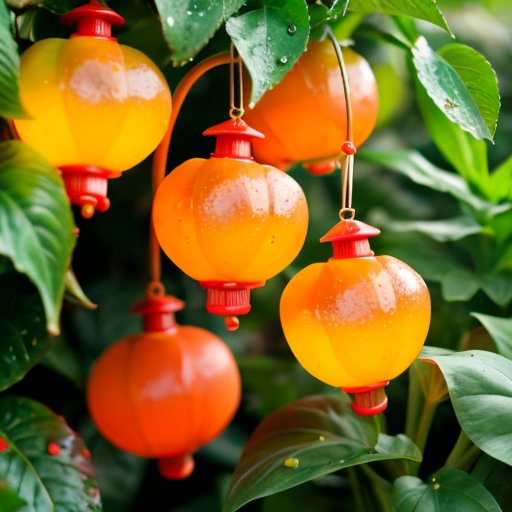 Яркий сад с растениями физалиса, их уникальными фонариками и плодами, на фоне разнообразной почвы и ясного неба.