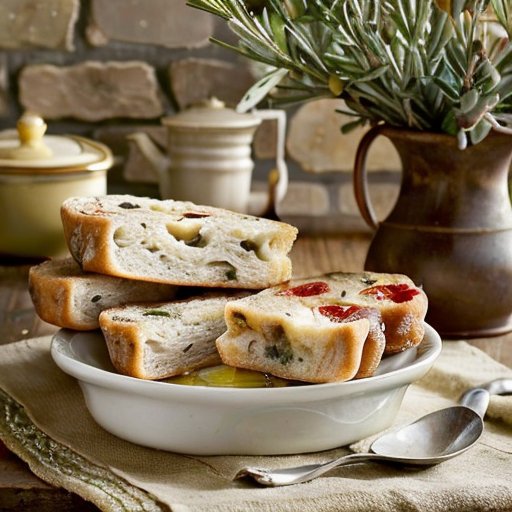 Деревянный стол с фокаччей, оливковым маслом, морской солью и свежими ингредиентами на фоне итальянского пейзажа.