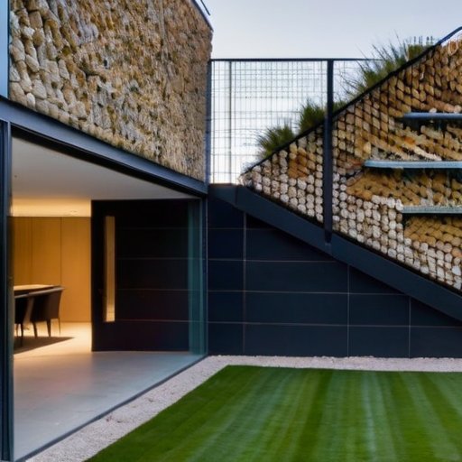 Современная габионная структура в ландшафтном дизайне с декоративными растениями на склоне.