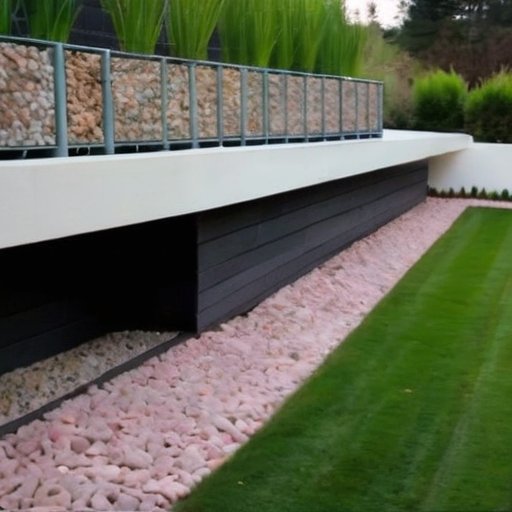 Габионы разных форм в природном ландшафте с цветными камнями.