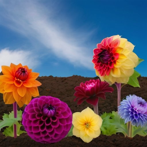 Цветущий сад с яркими георгинами, садовые инструменты и указатель