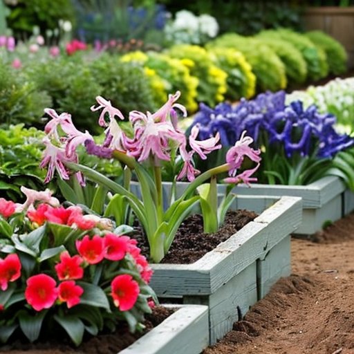 Цветущий сад с гиацинтами, инструмент для посадки.