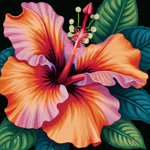 Яркий цветок гибискуса на фоне зелёных листьев и традиционных узоров.