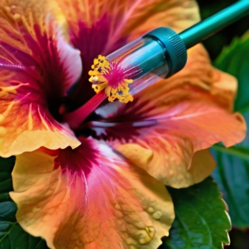 Цветущий гибискус на фоне тропической зелени с элементами использования: флакон с экстрактом, чашка с чаем и садовый инструмент.