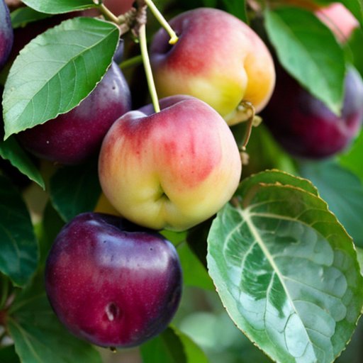 Яркое фруктовое дерево с сливами и абрикосами на фоне солнечного сада.