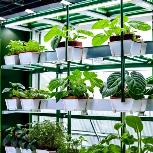 Современная гидропонная ферма с различными системами, яркие зеленые растения в светлом теплице.