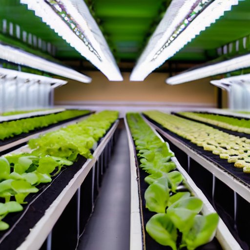 Современная гидропоническая ферма с зелеными овощами, системами NFT и вертикальными стеллажами, освещенная LED.