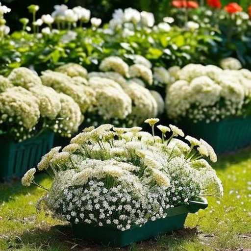 Солнечный сад с белыми цветами гиацинта, зелеными растениями и инструментами для ухода.