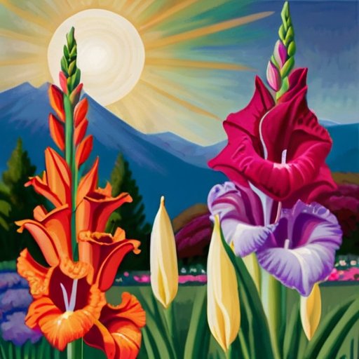 Солнечный сад с цветущими гладиолусами, инструменты для садоводства и луковицы.