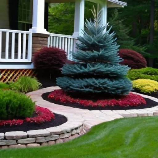 Сосна голубая на ухоженном садовом участке с цветами и декоративными дорожками.