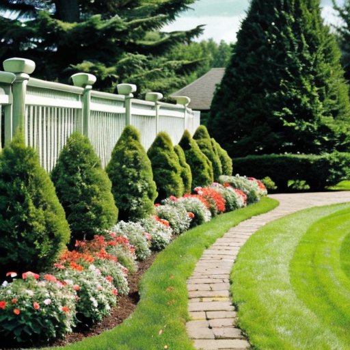 Солнечный сад с голубой елью в центре, яркой зелёной травой и цветами.