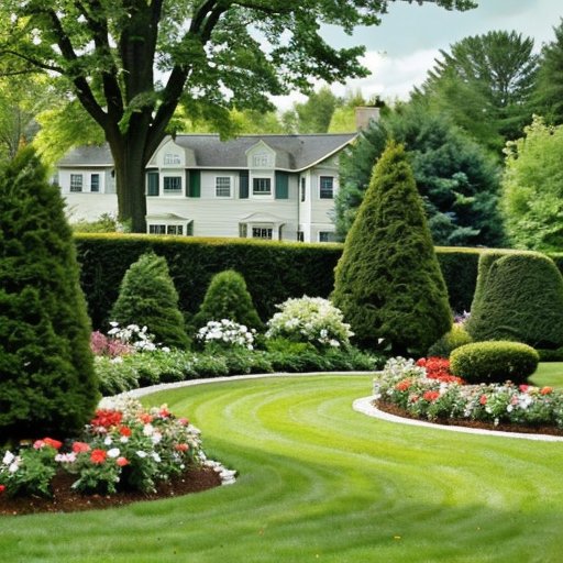 Спокойный сад с голубой елью в центре, яркими цветами и ухоженными кустами на фоне ясного неба и холмов.