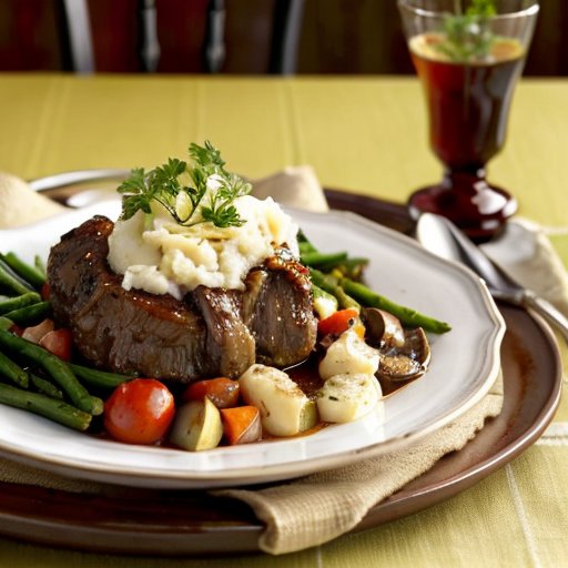 Тарелка с тушеными хвостами говядины, картофельным пюре и жареными овощами в уютной обстановке.