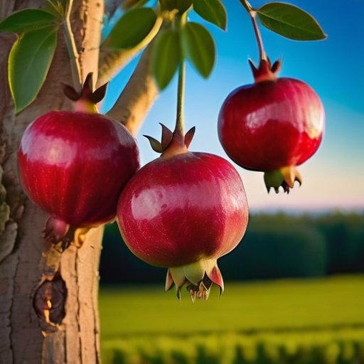 Сочный гранатовый дерево с яркими плодами на фоне ясного неба.