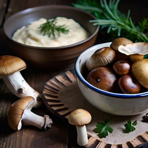 Рустикальный деревянный стол с блюдами из грибов, сметаной, зеленью и жареным картофелем на фоне уютной кухни.