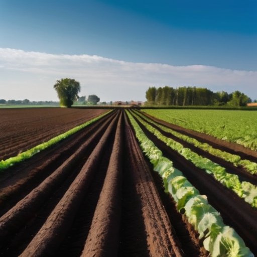 Плодородный сельскохозяйственный ландшафт с зелеными культурами и иллюстрацией гуминовых кислот в почве.