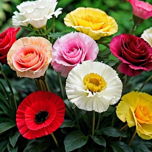 Яркий сад с цветущими гвоздиками разных цветов, ухоженные грядки, садовые инструменты и солнечное небо.