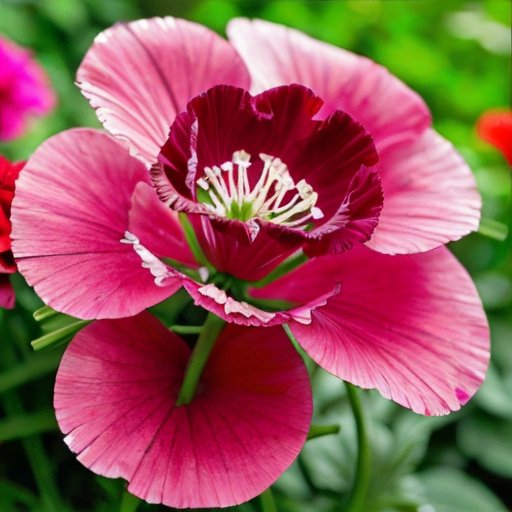 Цветущий сад с разнообразными гвоздиками и садовыми инструментами.