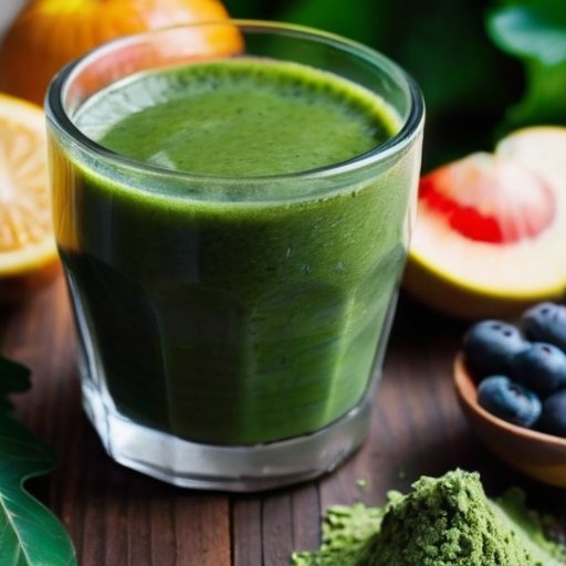 Спираль хлореллы среди свежих фруктов, овощей и орехов, символизирующая суперфуд.