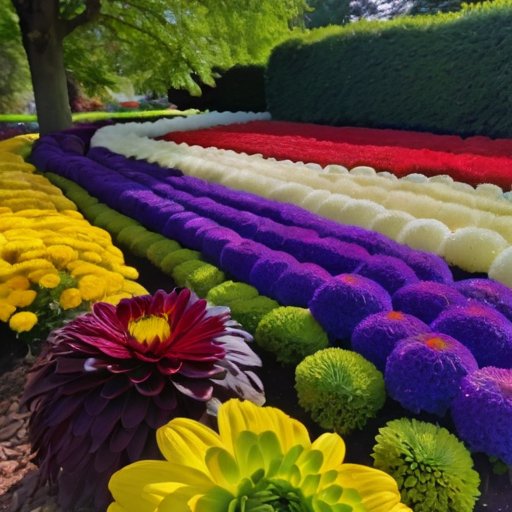 Яркий сад хризантем с разнообразием цветов и форм под ясным небом.