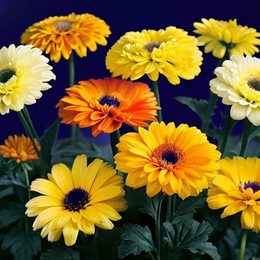 Яркий сад с разнообразными хризантемами в разных цветах на фоне зелени.