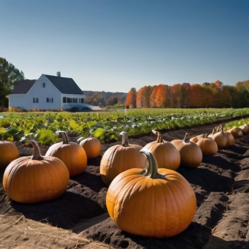 Ухоженная тыквенная грядка с зелеными растениями под голубым небом.