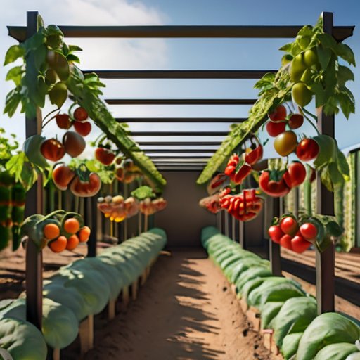 Солнечный сад с пышными томатами разных цветов и размеров, поддерживаемыми решеткой на плодородной почве.