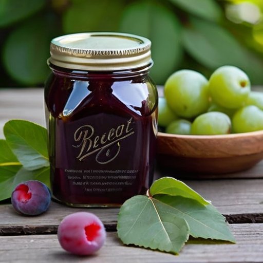 Солнечный сад с растениями ирги, деревянный стол с джемом, ягодами и рецептом десерта.