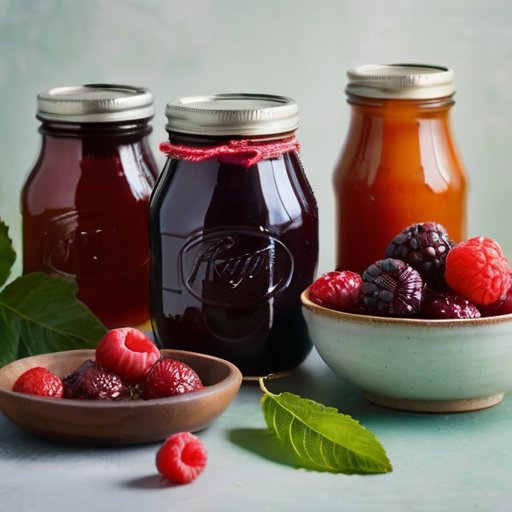 Ассорти из ягод ирги с джемом, соком и пирогом на фоне уютной кухни.