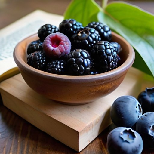 Яркое растение ирги с темно-синими ягодами на фоне зелёных листьев, деревянный стол с ягодами, джемом и кулинарной книгой на солнечном садовом фоне.