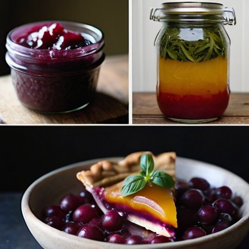 Кухонный стол с блюдами из ирги: пирог, варенье, сок и салат на фоне теплого деревянного интерьера.