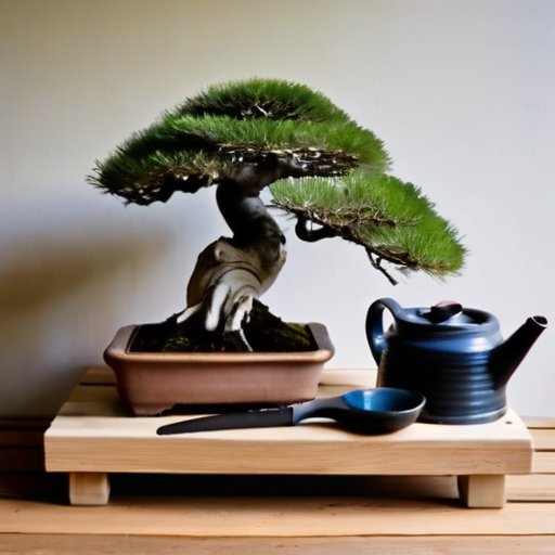 Сердцевидное бонсай в керамическом горшке, окруженное инструментами для ухода за растениями на деревянном столе.