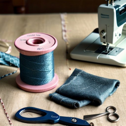 Уютное швейное пространство с инструментами для ручной строчки: катушка с ниткой, игла, ножницы и ткань с подготовленными краями.