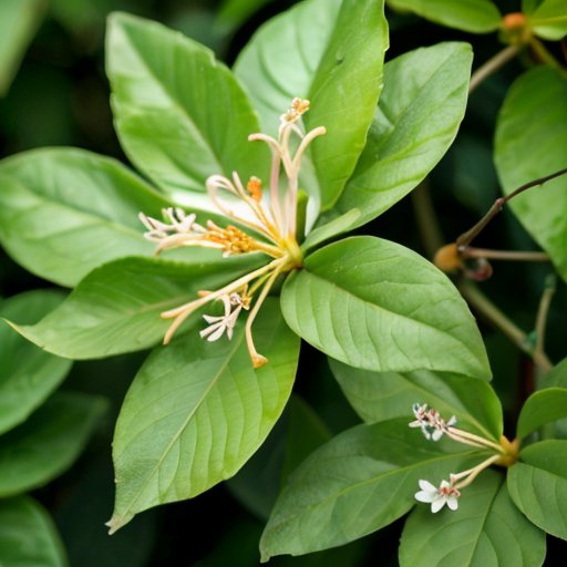 Обрезанный куст жимолости в ухоженном саду с зелеными листьями и яркими цветами, рядом садовые инструменты.