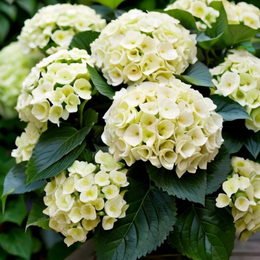 Спокойный сад с цветущими гортензиями, инструментами для обрезки на скамейке и зеленью на фоне.