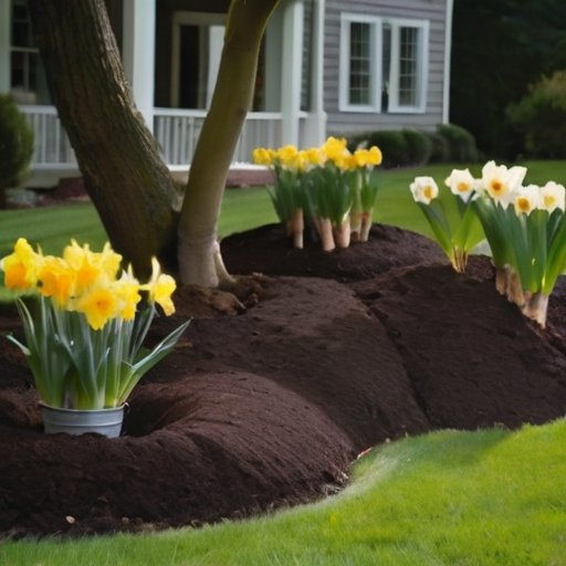 Садовая клумба с луковицами нарциссов, лопаткой и лейкой на фоне весеннего света.