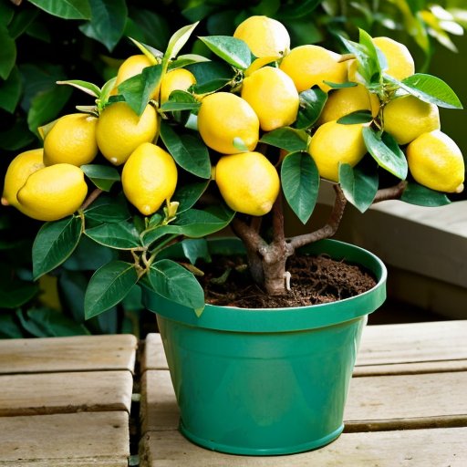 Лимонное дерево в горшке с яркими зелеными листьями и спелыми лимонами, рядом садовые инструменты и диаграмма прививки на солнечном фоне.