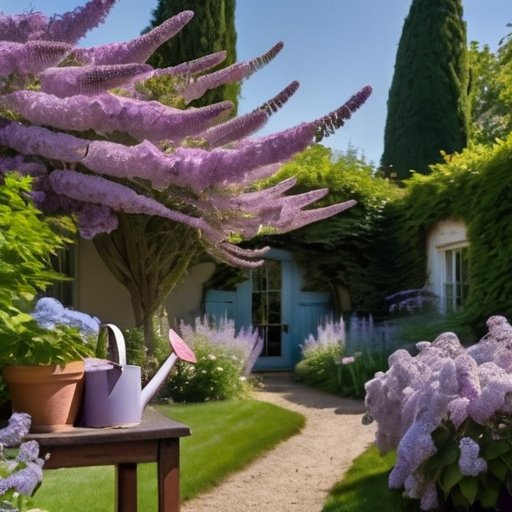 Спокойный сад с цветущими сиреневыми кустами, черенками, укоренёнными ветками и семенами, инструменты для садоводства на фоне зелёной листвы и голубого не