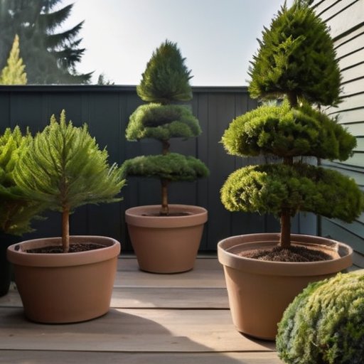 Спокойный сад с этапами размножения туи: черенки, семена и молодые растения. Инструменты для ухода и зелень на фоне.