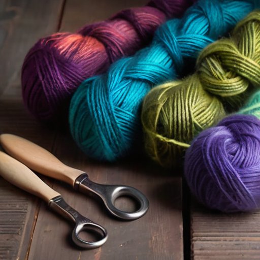 Упорядоченное место для вязания с разноцветными клубками пряжи, инструментами и узлами на текстурированном фоне.