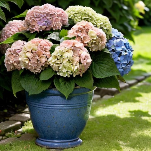 Яркий сад с цветущими гортензиями, секатором, горшком с землёй и стаканом с черенками на фоне солнечного дня.